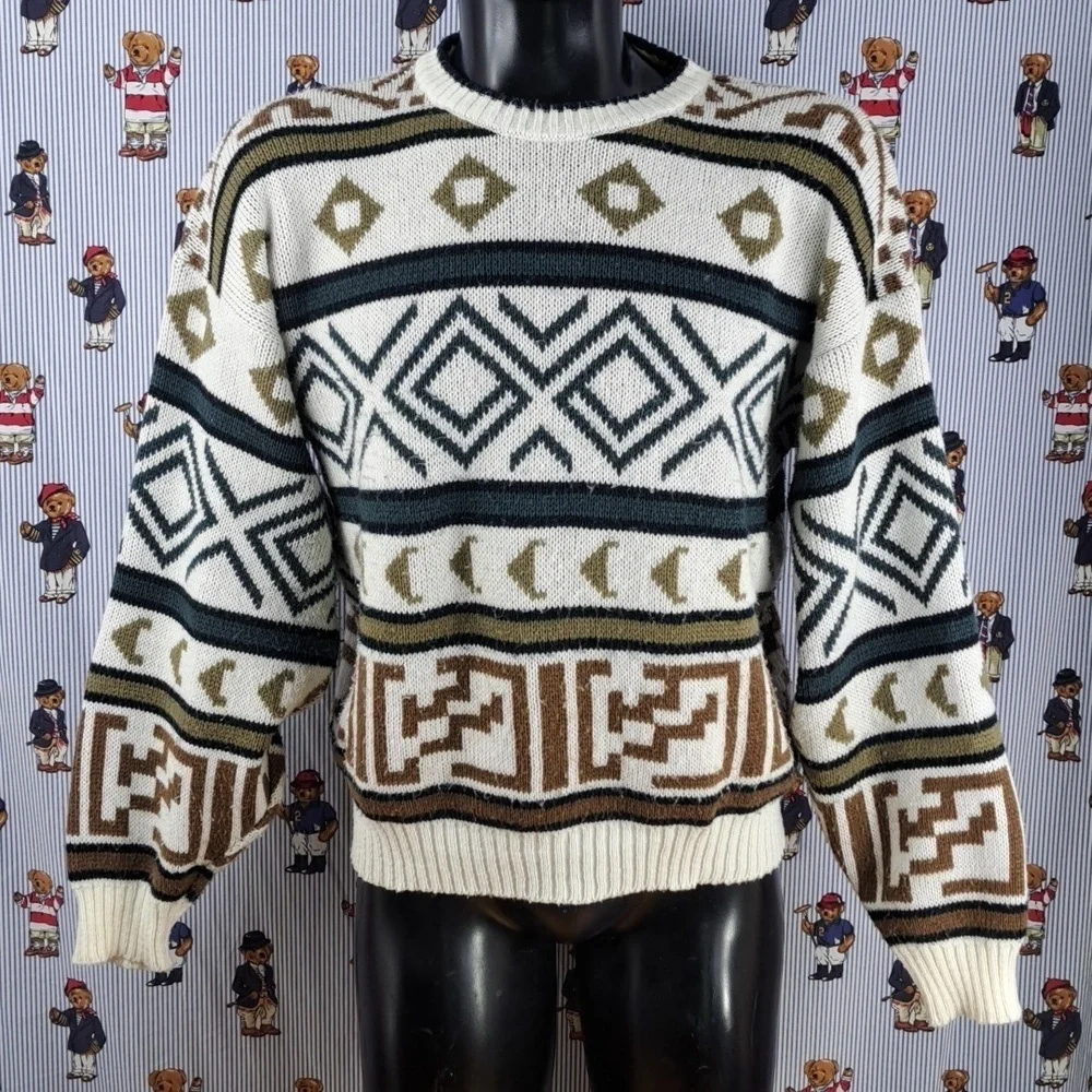 Vintage Gitano geo chunky stripe white & blue casual Med tight knit sweater